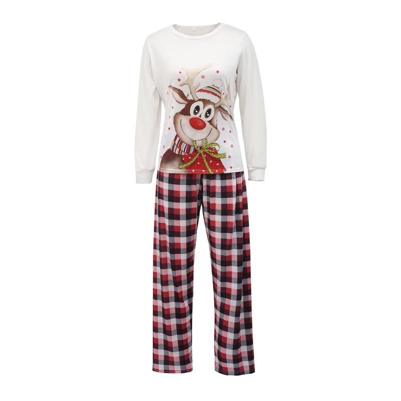 Christmas Pajamas For Family, Elk Print O-Neck Long Sleeve Tops+ Plaid Long Pants for Kids Adults