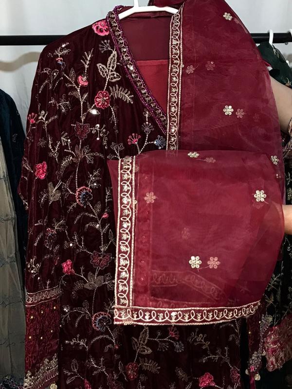 Pakistani Velvet Overalls with Net and Organza Dupatta and Silk Trouser for Women - Suits, Womenswear