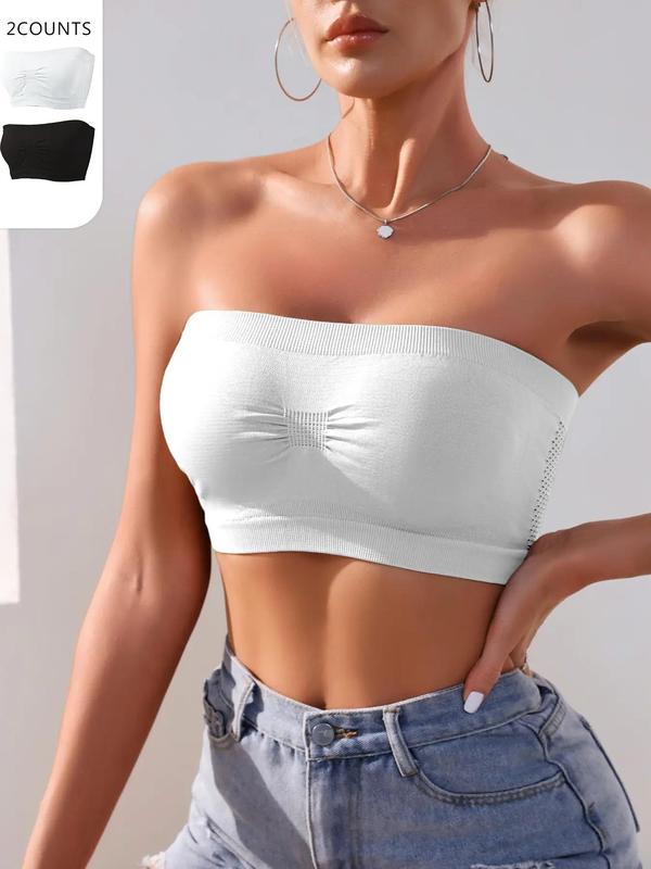 Women's Ruched Hollow Out Wireless Bandeau Bra, Solid Color Breathable Comfortable Seamless Lingerie Top for Daily Wear, Underwear for All Seasons