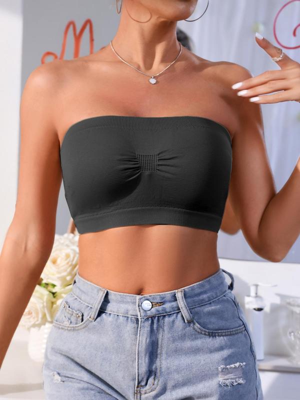 Women's Ruched Hollow Out Wireless Bandeau Bra, Solid Color Breathable Comfortable Seamless Lingerie Top for Daily Wear, Underwear for All Seasons