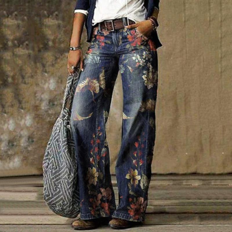 Retro Jeans Women Loose Wide Leg Pants Floral Print Denim Trousers Streetwear Pantalones Harajuku Baggy Jeans джинсы женский