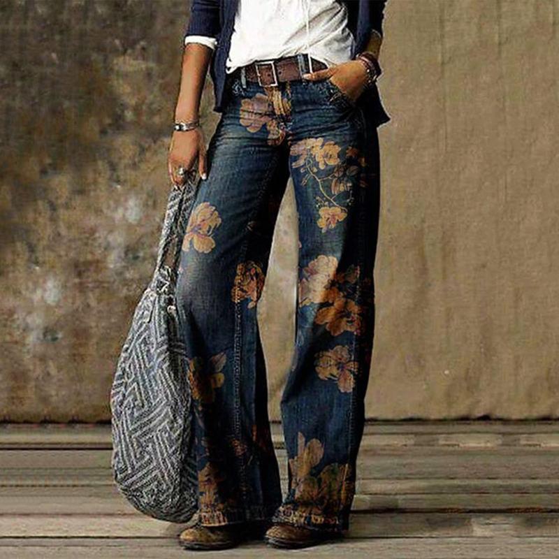 Retro Jeans Women Loose Wide Leg Pants Floral Print Denim Trousers Streetwear Pantalones Harajuku Baggy Jeans джинсы женский