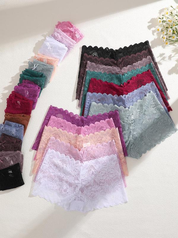 Women's 25pcs Plain Contrast Lace Boyshort, Elegant Bow Decor Scallop Trim Panty for Daily Wear,  Underwear for Women, Panties for Womenladies Underwear for All Seasons