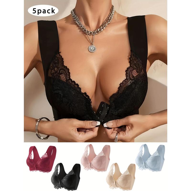 5pcs Elegant Floral Lace Semi Sheer Front Closure Wireless Tank Bra - Everyday Bras for Comfort and Support - Push Up, Comfy, Soft, Breathable, and Adjustable Lingerie for Women fall essential