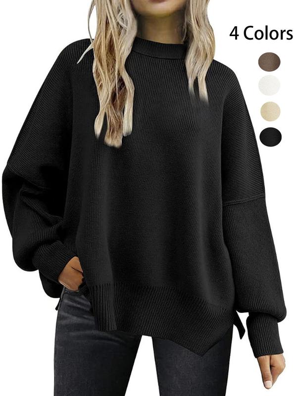 Women's Plain Split Hem Drop Shoulder Sleep Top, Casual Long Sleeve Mock Neck Jumper for Spring & Fall, Fashion Ladies' Knitwear for Daily Wear