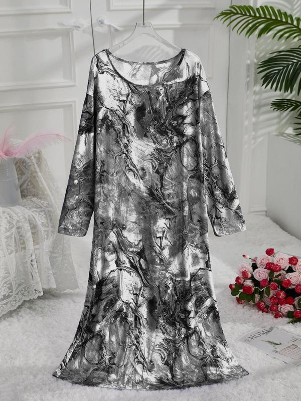  All Over Print Long Sleeve Nightdress, Casual Comfy Round Neck Nightgown for Women, Women's Sleepwear for Spring & Fall