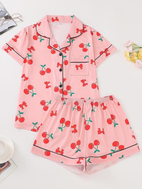 Two-Piece Set Women's Back To School All Over Fruit Print Button Front Shirt & Elastic Waist Shorts Pajama Set, Cute Short Sleeve Lapel Top & Shorts Pj Set, Summer Sleepwear Set, Two Piece Set Women, Summer Wear 2024, Homewear, Birthday Gifts