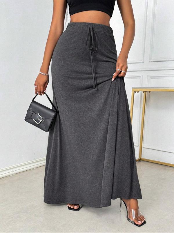  Solid Drawstring Waist A Line Skirt, Elegant Fashion Casual Long Skirt for Daily Outdoor Wear, Women Clothing for All Seasons