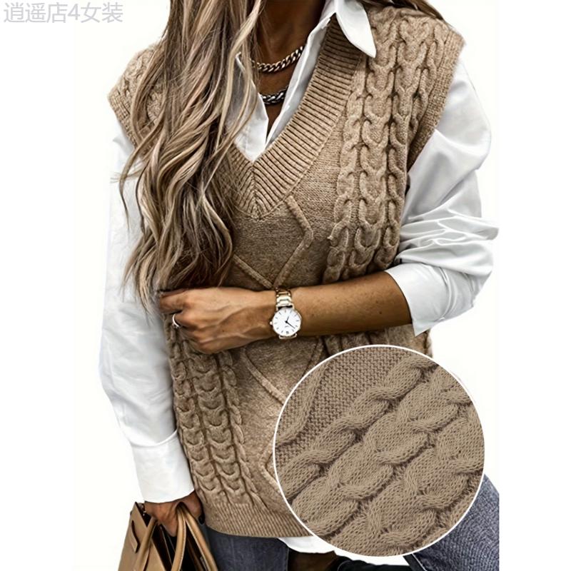 Plus Size Preppy Sweater Vest, Women's Plus Solid Argyle Knit V Neck Slight Stretch Vest Collar Fabric