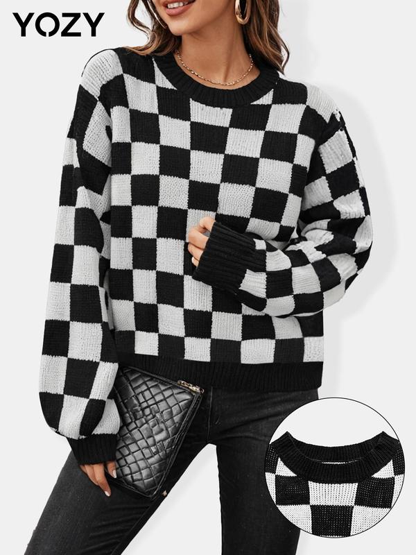 YOZY Women's Plaid Print Drop Shoulder Sweater, Casual Long Sleeve Round Neck Jumper for Fall & Winter, Fashion Ladies' Knitwear for Daily Wear