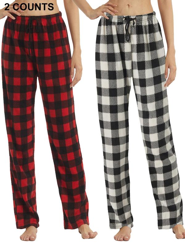 Women's Christmas Theme Plaid Print Drawstring Waist Soft Pajama Pants, Casual Comfy Fuzzy Sleep Bottoms for Winter, Lady's Sleepwear for Indoor Wear