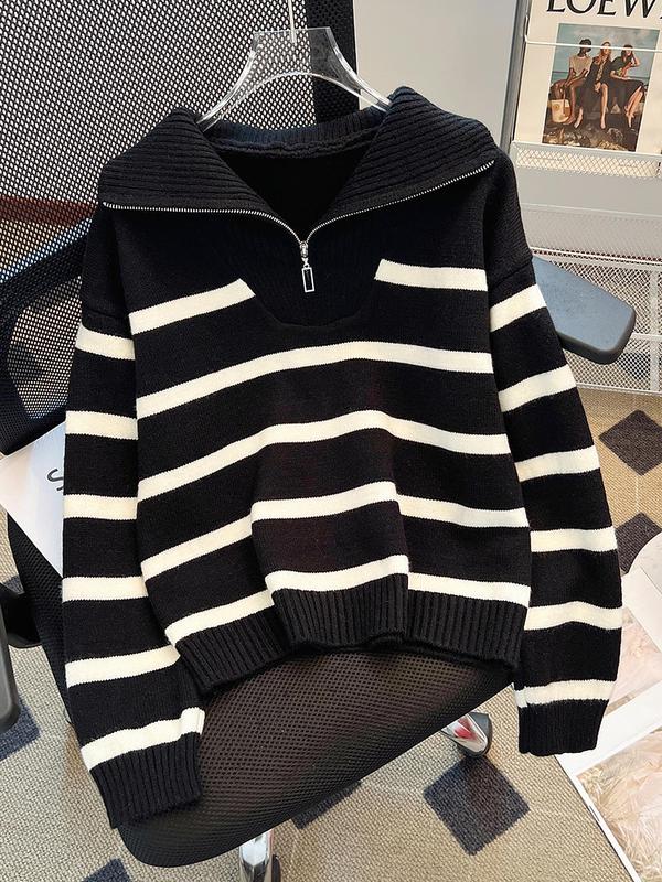 Women's Striped Print Zipper Drop Shoulder Sweater for Spring, Casual Long Sleeve Collared Jumper for Daily Outdoor Wear, Women's Knitwear Top for Fall, Downtown Girl Clothes