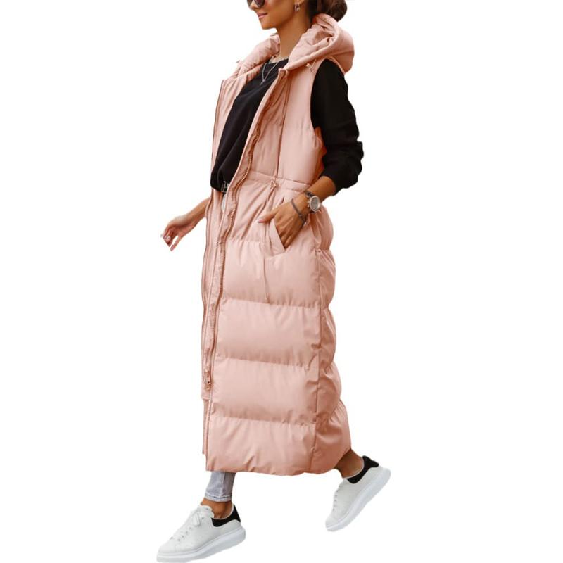 Tankaneo Women's Long Quilted Vest Hooded Maxi Length Sleeveless Puffer Vest Padded Coat Winter Outerwear