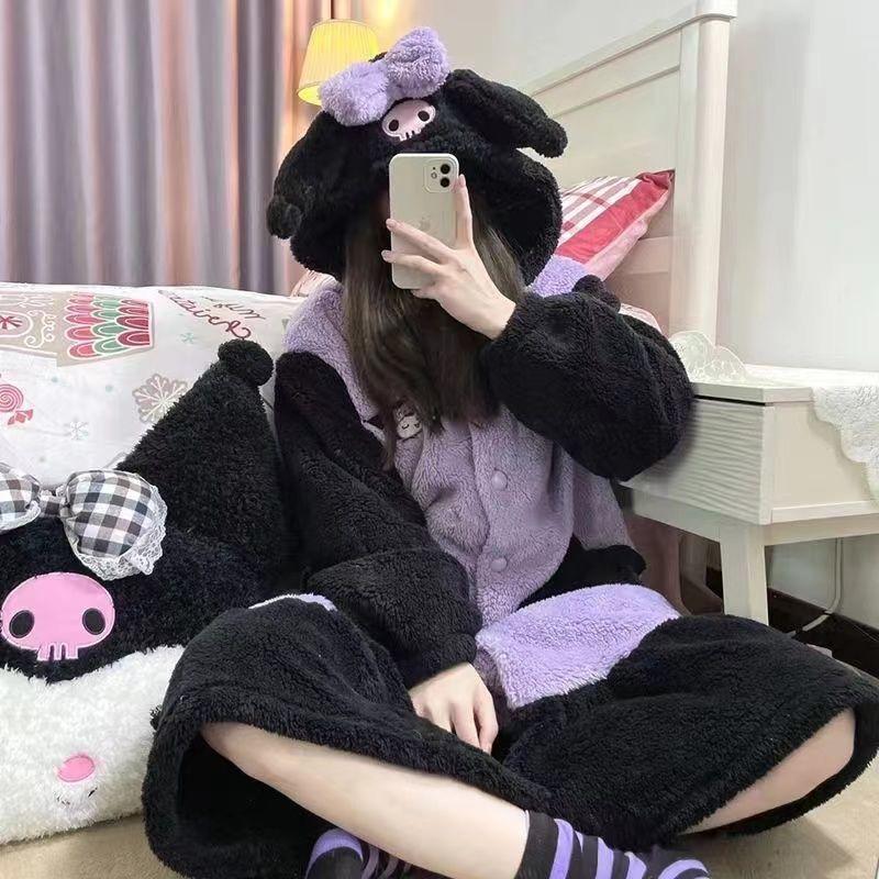 Clow M Pajamas Women's Autumn Fleece-lined Thick Night-Robe Cartoon Cute Student Mid-Length Outerwear Nightdress