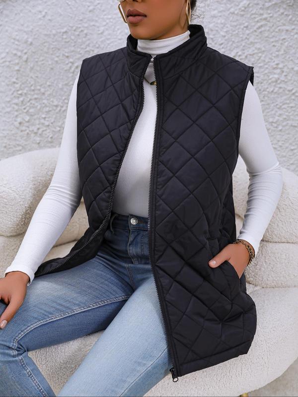 Women's Basic Solid Mock Neck Zip up Quilted Vest Coat, Casual Pocket Zipper Sleeveless Outerwear for Lady Fall & Winter, Minimalist Women's Clothes Tops for Daily Wear, Womenswear