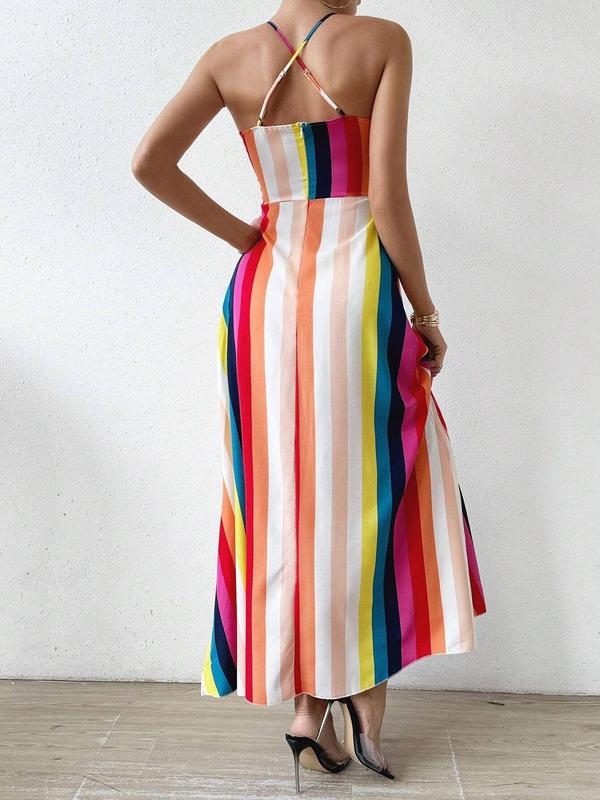 Women's Summer Ethnic Pattern Backless Split Thigh Cami Dress, Ladies Summer Clothes, Back To School Outfits, Boho Fashion Frill Trim Long Dress for Beach, Women's Summer Dresses