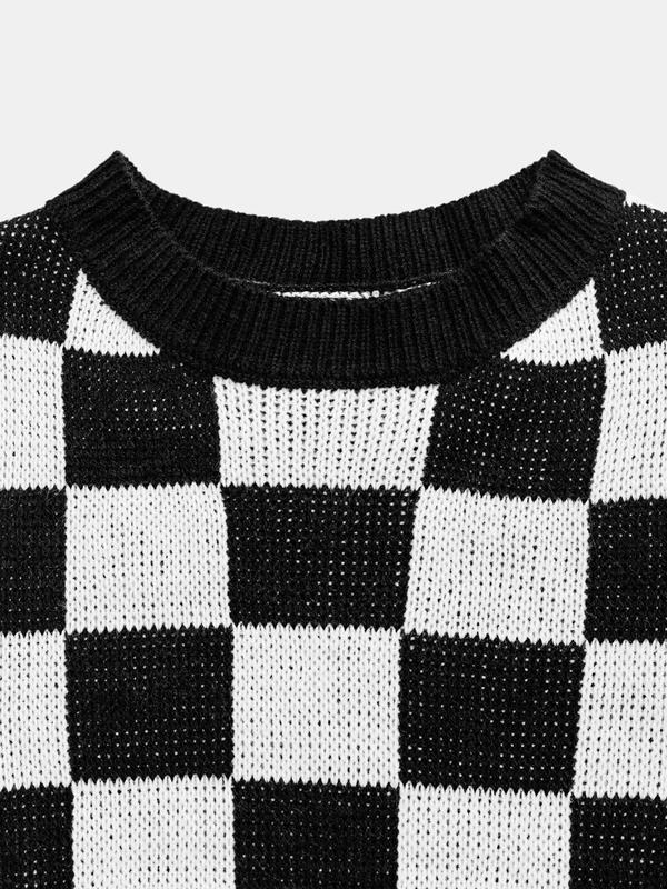 YOZY Women's Plaid Print Drop Shoulder Sweater, Casual Long Sleeve Round Neck Jumper for Fall & Winter, Fashion Ladies' Knitwear for Daily Wear