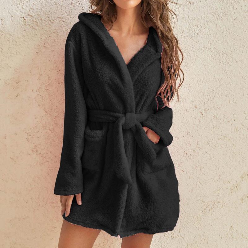 2024 Hot Sale Fall Winter Hooded Home Casual Plush Pajamas Pure Color Warm Keeping Bathrobe Women