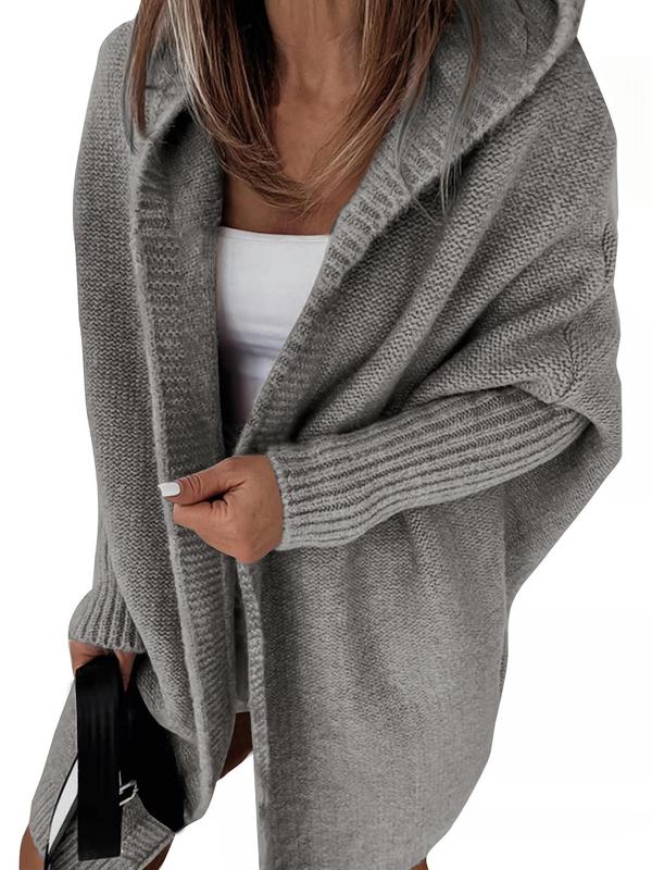 Women's Solid Batwing Sleeve Hooded Sweater Cardigan, Casual Long Sleeve Open Front Knitwear for Fall & Winter, Women's Knit Clothing for Daily Wear