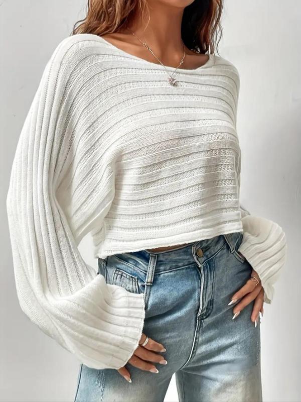 Women's Plain Batwing Sleeve Ribbed Crop Sweater, Casual Long Sleeve Scoop Neck Jumper for Spring & Fall, Fashion Women's Knitwear for Daily Wear