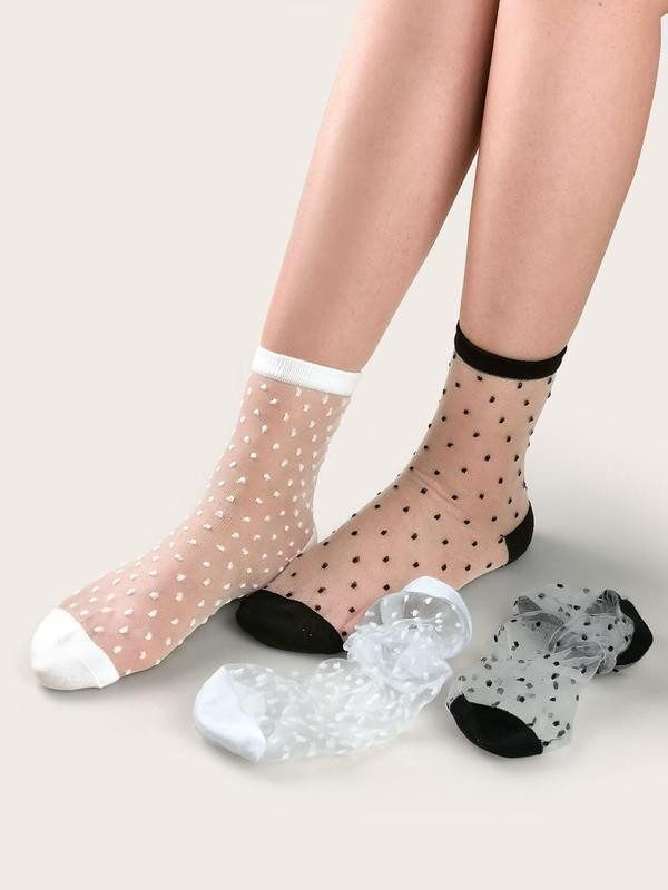 Women's 2 Pairs Polka Dot Sheer Mesh Socks, Summer 2024 See Through Breathable Crew Socks, Multipack Summer Thin Socks, Women's Socks & Hosiery