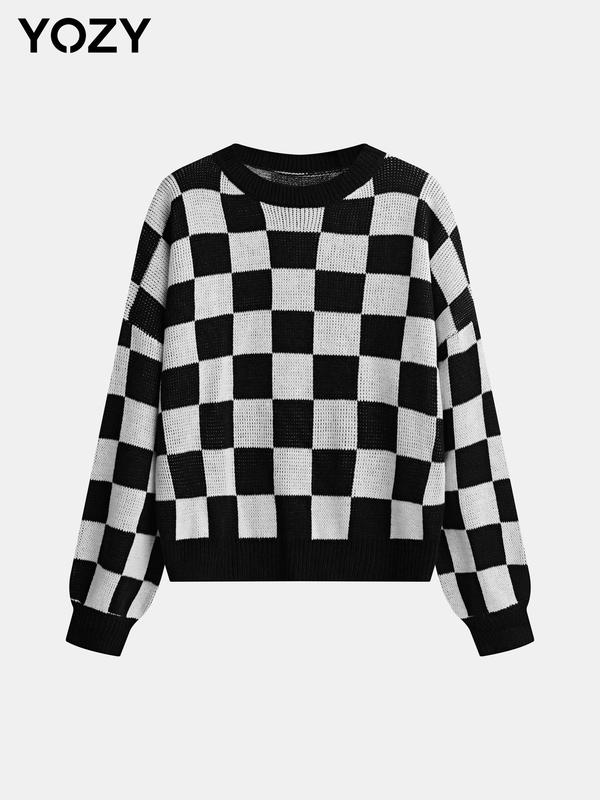 YOZY Women's Plaid Print Drop Shoulder Sweater, Casual Long Sleeve Round Neck Jumper for Fall & Winter, Fashion Ladies' Knitwear for Daily Wear