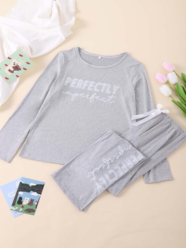 Two-piece Set Women's Letter Print Tee & Elastic Waist Pants Pyjama, Casual Comfy Round Neck Long Sleeve T-shirt & Bow Decor Trousers Pj Set, Ladies Sleepwear for All Seasons