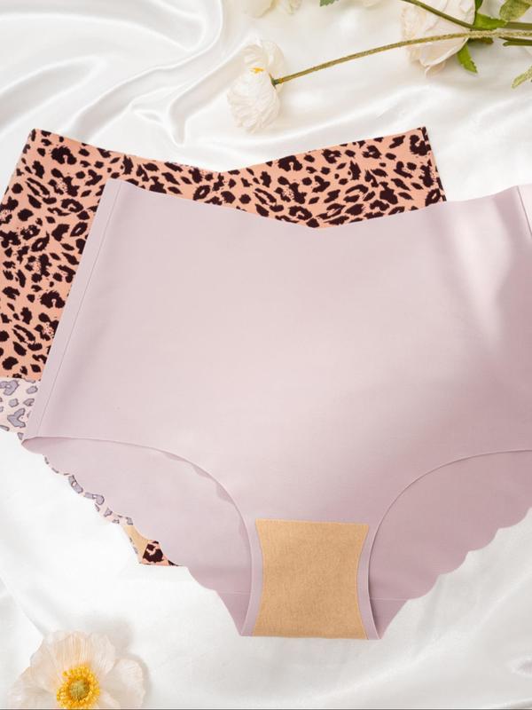 Womenswear Comfort Solid Color & Leopard Print Scallop Trim Knicker, Comfy Breathable Seamless Lady Panty for Daily Wear, Underwear for All Seasons