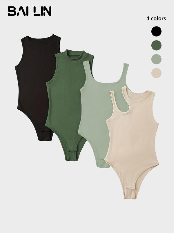 Women's Plain Cut Out Round Neck Sleeveless Bodysuit, Bodysuits for Women, Casual Crewneck Ribbed Bodysuit for Summer, body suits for women, Lady's Top Clothes,  Minimalist Womenswear, One-Piece Clothes Women, Summer Outfits, 2024 Trendy Women Outfits