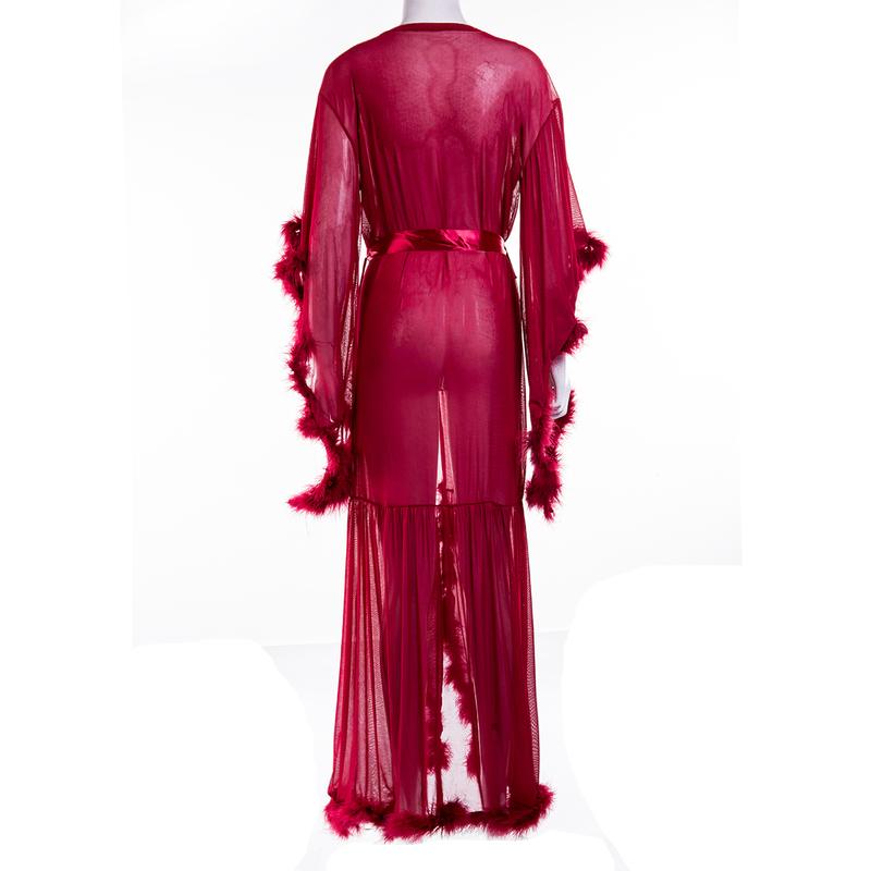 Women Long Sleeve Plush Robe Luxury Kimono See Through Extra Long Babydoll Nightgown Dress