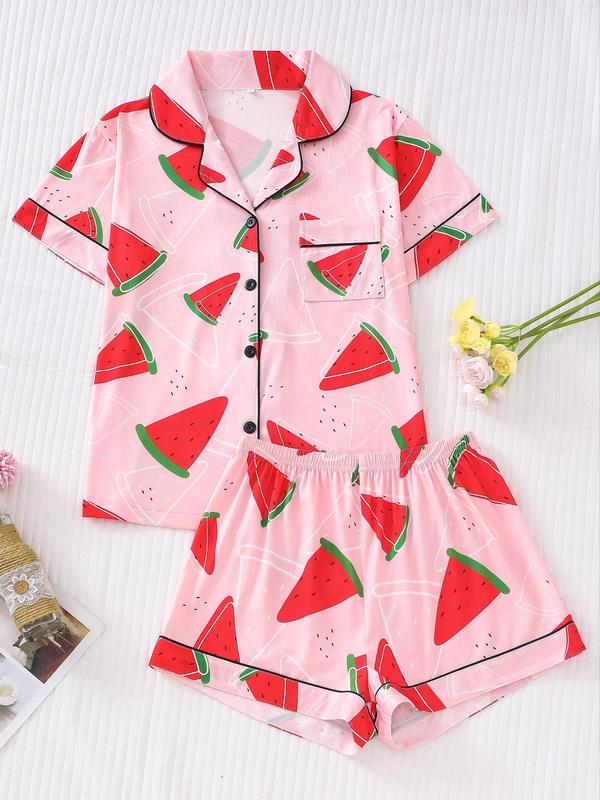 Two-Piece Set Women's Back To School All Over Fruit Print Button Front Shirt & Elastic Waist Shorts Pajama Set, Cute Short Sleeve Lapel Top & Shorts Pj Set, Summer Sleepwear Set, Two Piece Set Women, Summer Wear 2024, Homewear, Birthday Gifts