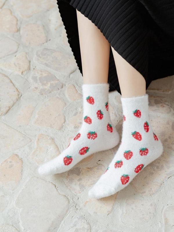 8 Pairs Of Strawberry Furry Socks for Women, Warm Winter Plush Slippers Fuzzy Socks,  Cute Fruit Design Soft Bed Socks, Perfect Gift for Her