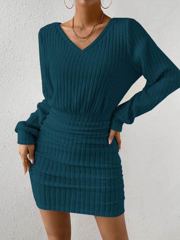 Women's Thin Textured Ruched Long Sleeve Bodycon Dress, Dresses for Women, Birthday Dresses 2024, Dresses for Women, Elegant Casual Fabric Bishop Sleeve Short Rib Dress, Ladies Fall Clothes for Homecoming Party Date