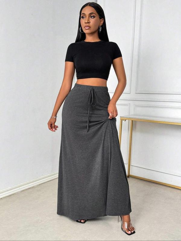  Solid Drawstring Waist A Line Skirt, Elegant Fashion Casual Long Skirt for Daily Outdoor Wear, Women Clothing for All Seasons