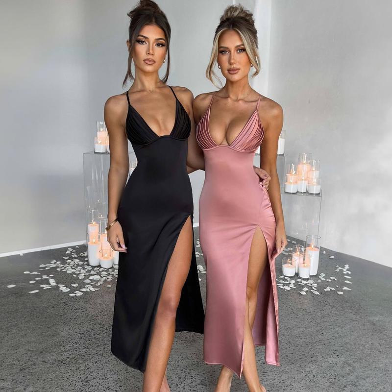 Spaghetti Strap Dress with Split Design Deep V-Neck Sleeveless Backless Bodycon Party Dresses for Womens Clothing Does not apply