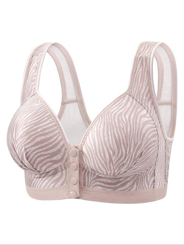 Women's Striped Print Wireless Push Up Bra, Casual Comfortable Breathable Buckle Front Bra for Daily Wear, Lingerie for All Seasons