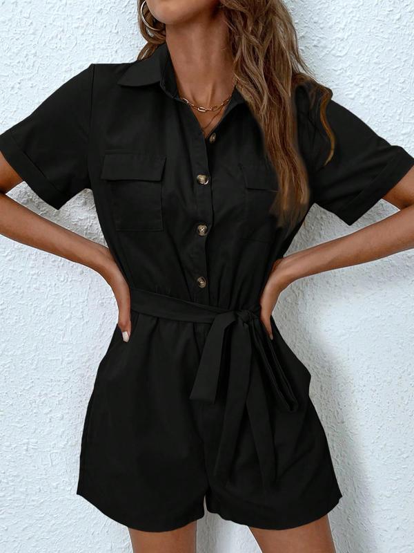 Women's Solid Color Button Front Belted Shirt Romper, Casual Short Sleeve Collared Pocket Romper for Spring & Fall, Women's Clothes for Daily Wear