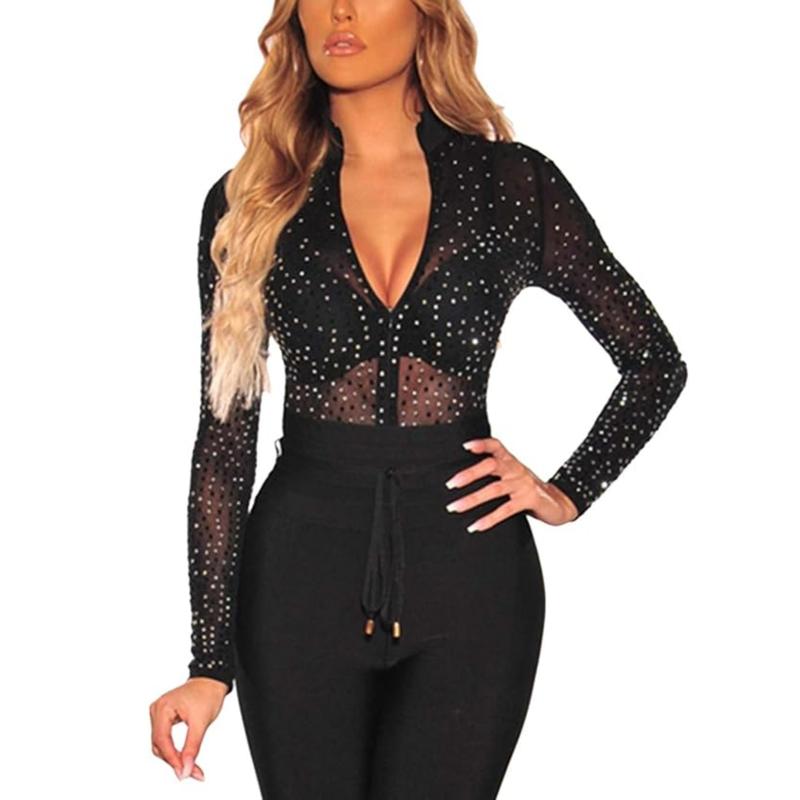 SEBOWEL Women Sexy Long Sleeves Mesh See Through Jumpsuit Party StyleBodysuit Top Leotard