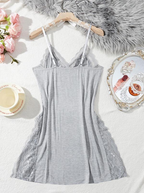  Contrast Lace Split Thigh Cami Nightdress, Soft Comfy V Neck Bow Decor Nightgown for Women, Women's Sleepwear for All Seasons