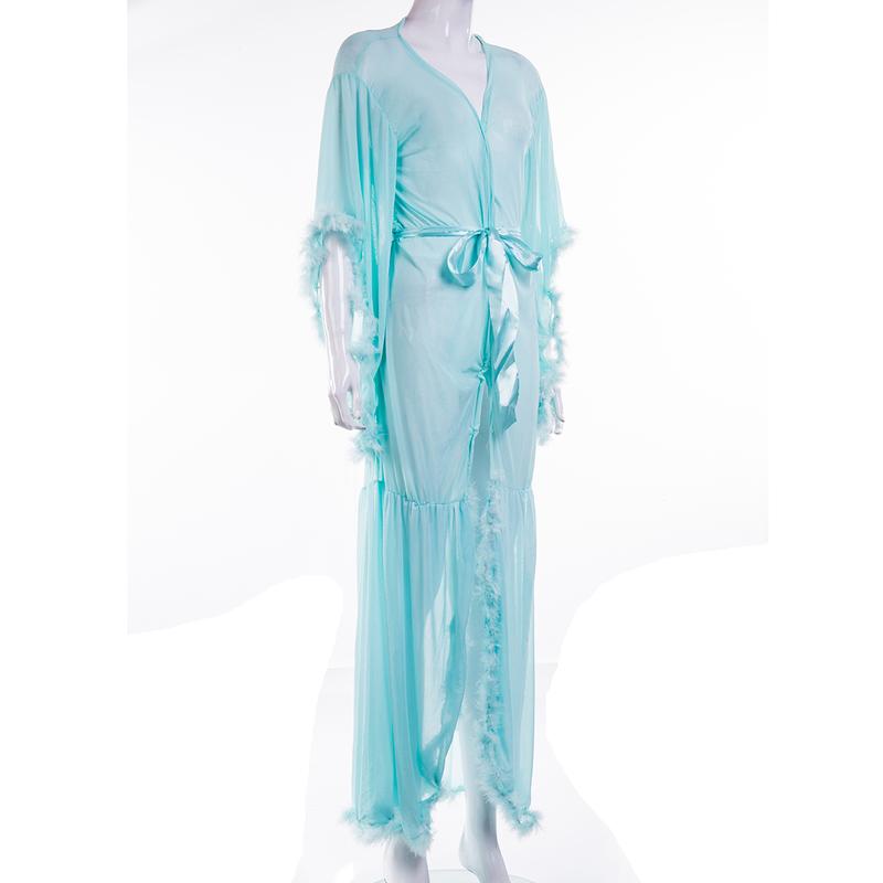 Women Long Sleeve Plush Robe Luxury Kimono See Through Extra Long Babydoll Nightgown Dress