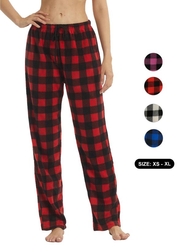 Women's Christmas Theme Plaid Print Drawstring Waist Soft Pajama Pants, Casual Comfy Fuzzy Sleep Bottoms for Winter, Lady's Sleepwear for Indoor Wear