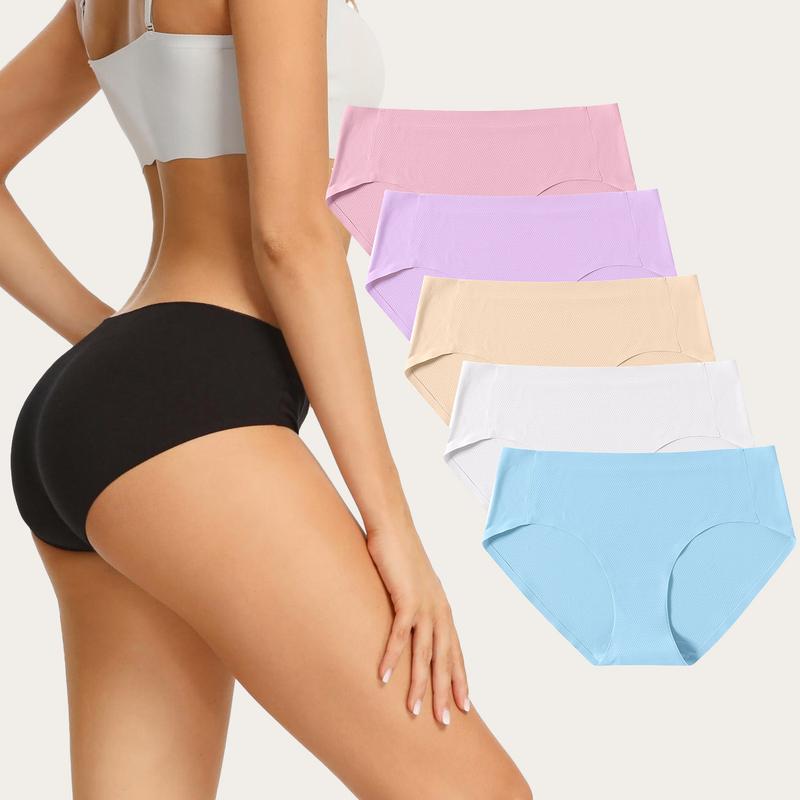 Voenxe-Women Seamless Hipster Underwear,Breathable Ladies Panties Bikini,No Show Briefs,Comfortable Undies for Women 5-Pack