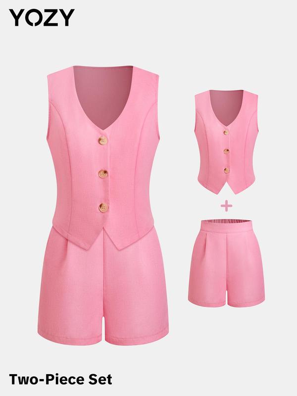 YOZY [9 colors] V Neck Button Front Blazer Vest & Pleated Wide Leg Shorts Set, Elegant Fashion Casual Tank Top & Elastic Waist Shorts Set, 2024 Women's Daily Outdoor Wear for Summer