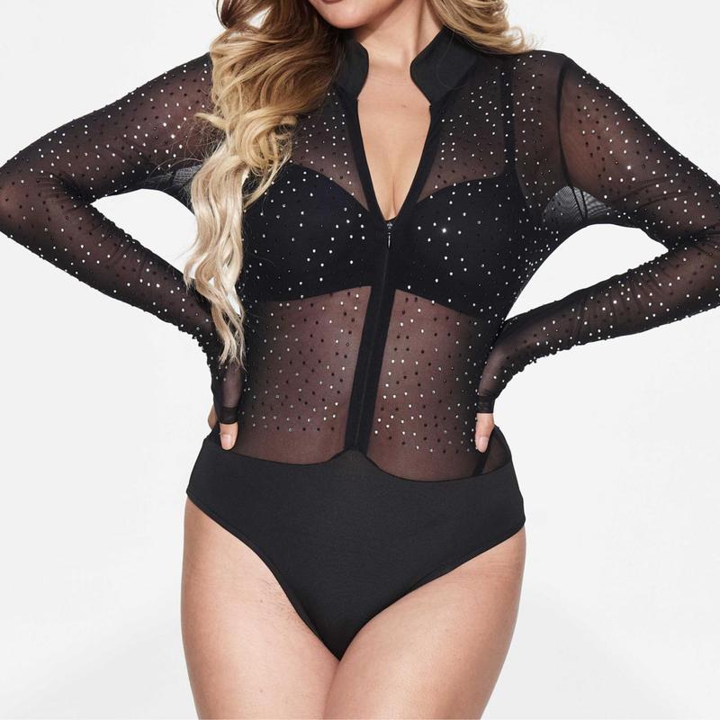 SEBOWEL Women Sexy Long Sleeves Mesh See Through Jumpsuit Party StyleBodysuit Top Leotard