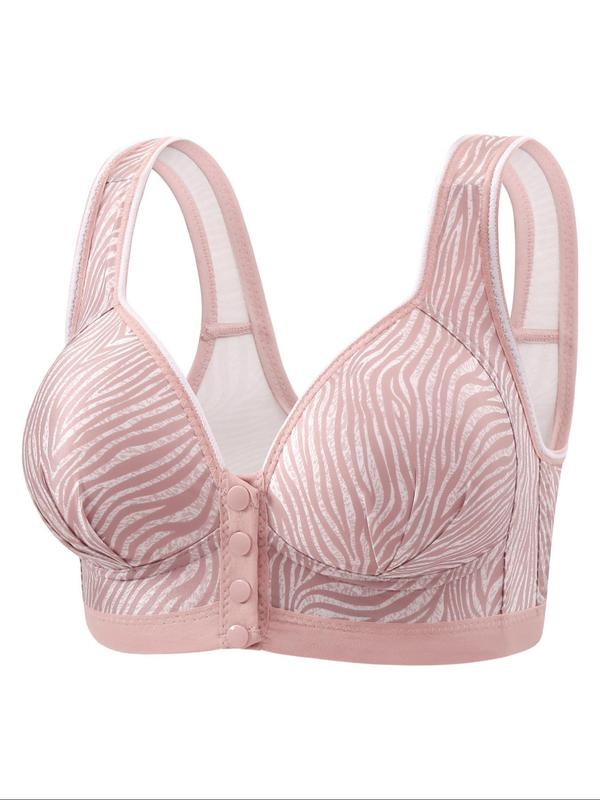 Women's Striped Print Wireless Push Up Bra, Casual Comfortable Breathable Buckle Front Bra for Daily Wear, Lingerie for All Seasons