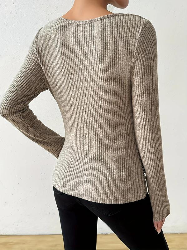 Women's Plain Draped Round Neck T-shirt, Elegant Long Sleeve T-shirt for Fall & Winter, Women's Knitwear for Daily Wear