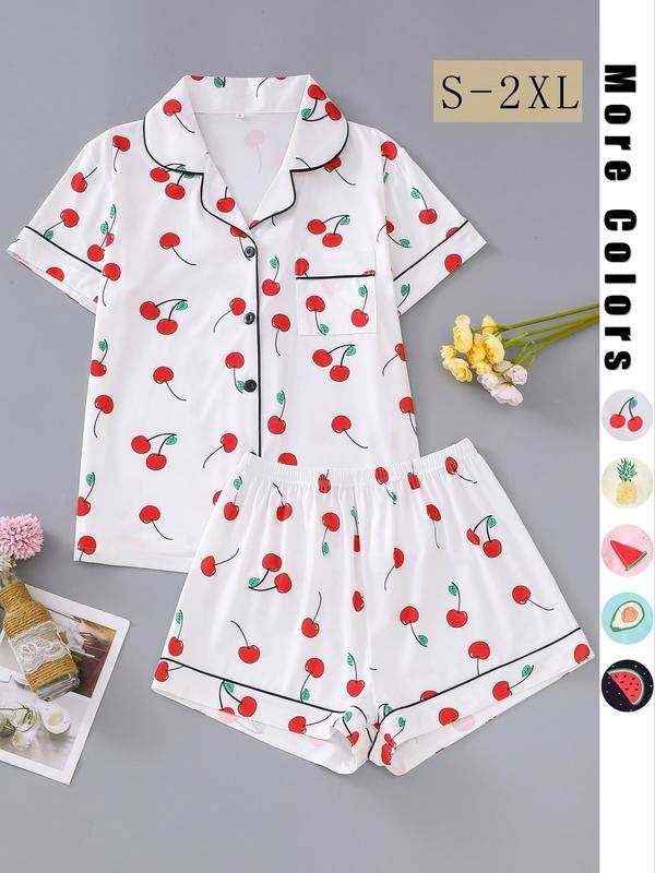 Two-Piece Set Women's Back To School All Over Fruit Print Button Front Shirt & Elastic Waist Shorts Pajama Set, Cute Short Sleeve Lapel Top & Shorts Pj Set, Summer Sleepwear Set, Two Piece Set Women, Summer Wear 2024, Homewear, Birthday Gifts