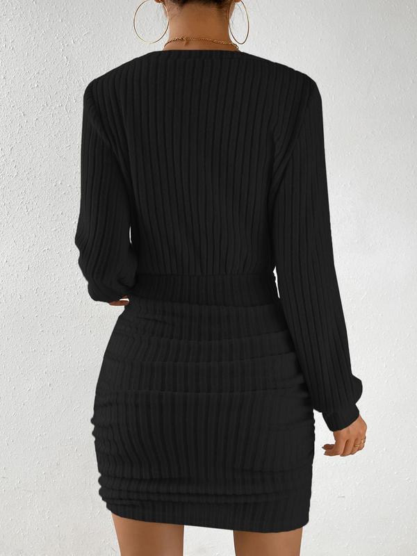 Women's Thin Textured Ruched Long Sleeve Bodycon Dress, Dresses for Women, Birthday Dresses 2024, Dresses for Women, Elegant Casual Fabric Bishop Sleeve Short Rib Dress, Ladies Fall Clothes for Homecoming Party Date