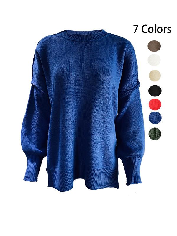 Women's Plain Split Hem Drop Shoulder Sleep Top, Casual Long Sleeve Mock Neck Jumper for Spring & Fall, Fashion Ladies' Knitwear for Daily Wear