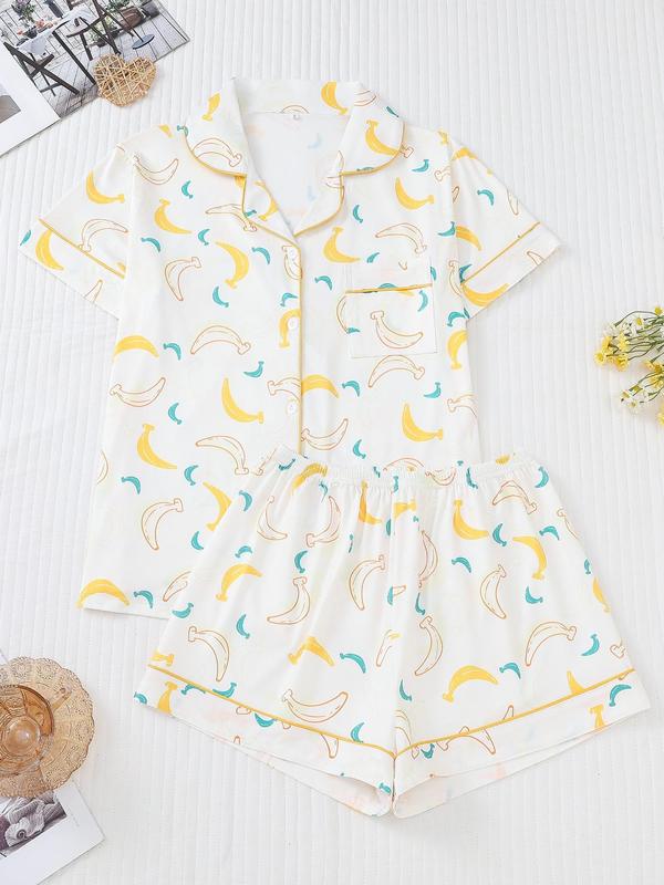 Two-Piece Set Women's Back To School All Over Fruit Print Button Front Shirt & Elastic Waist Shorts Pajama Set, Cute Short Sleeve Lapel Top & Shorts Pj Set, Summer Sleepwear Set, Two Piece Set Women, Summer Wear 2024, Homewear, Birthday Gifts